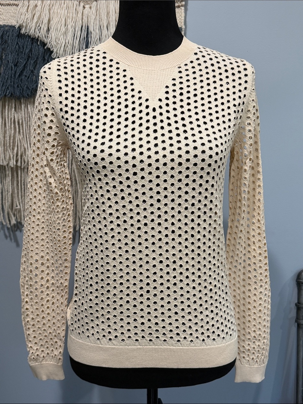 Intropia XS Open Knit Sweater Cream Crochet Pullover Boho Coastal Luxury Spain